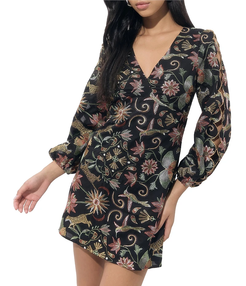 Adelyn Rae Juno Floral Embroidered V-Neck Long Sleeve Sheath Mini Dress