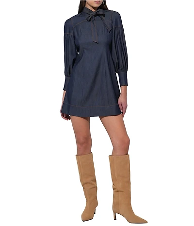 Adelyn Rae Lilith Denim Long Sleeve Neck Tie Mini Dress