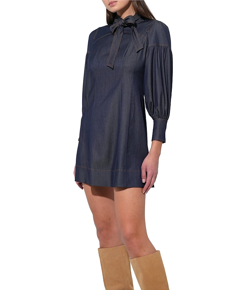 Adelyn Rae Lilith Denim Long Sleeve Neck Tie Mini Dress