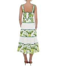 Adelyn Rae Lisha Woven Floral Leaf Print Square Neck Sleeve Scallop Trim Tiered A-Line Midi Dress