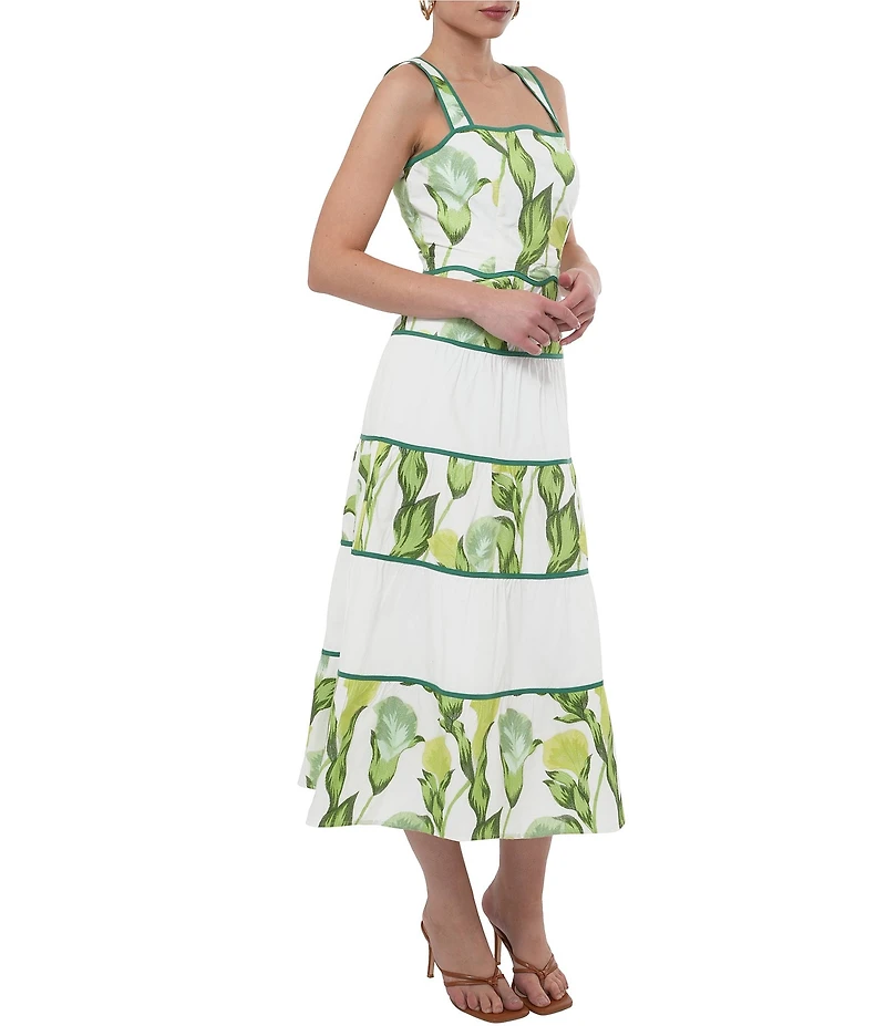 Adelyn Rae Lisha Woven Floral Leaf Print Square Neck Sleeve Scallop Trim Tiered A-Line Midi Dress