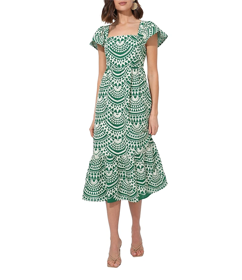 Adelyn Rae Maja Cotton Embroidered Abstract Print Square Neck Short Sleeve A-Line Midi Dress