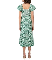 Adelyn Rae Maja Cotton Embroidered Abstract Print Square Neck Short Sleeve A-Line Midi Dress