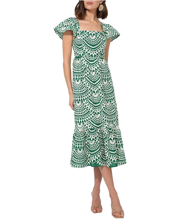 Adelyn Rae Maja Cotton Embroidered Abstract Print Square Neck Short Sleeve A-Line Midi Dress