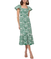 Adelyn Rae Maja Cotton Embroidered Abstract Print Square Neck Short Sleeve A-Line Midi Dress