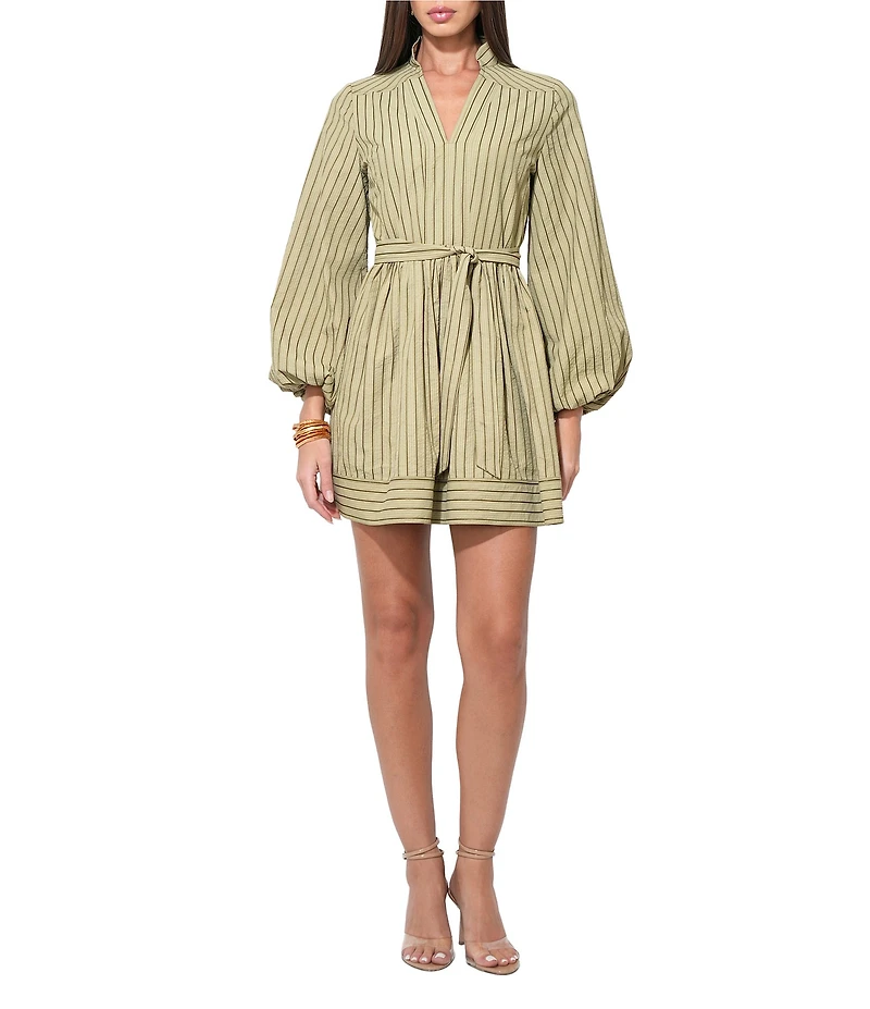 Adelyn Rae Marnie Stripe V-Neck Long Balloon Sleeve Woven Mini Dress