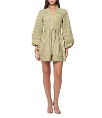 Adelyn Rae Marnie Stripe V-Neck Long Balloon Sleeve Woven Mini Dress
