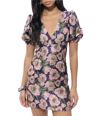 Adelyn Rae Primrose Floral V Neck Short Puff Sleeve Jacquard Mini Dress