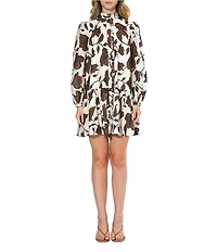 Adelyn Rae Printed Woven Cotton Standing Collar Long Balloon Sleeve Shirt Dress