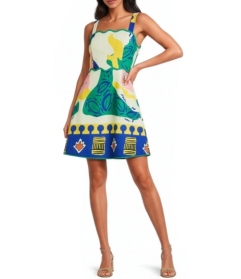 Adelyn Rae Reese Scallop Square Neck Smock Back Printed Mini Dress