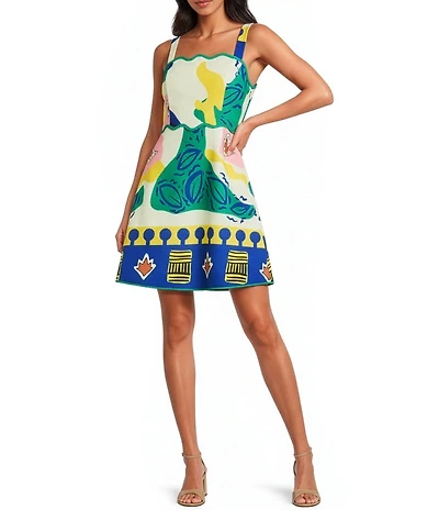 Adelyn Rae Reese Scallop Square Neck Smock Back Printed Mini Dress