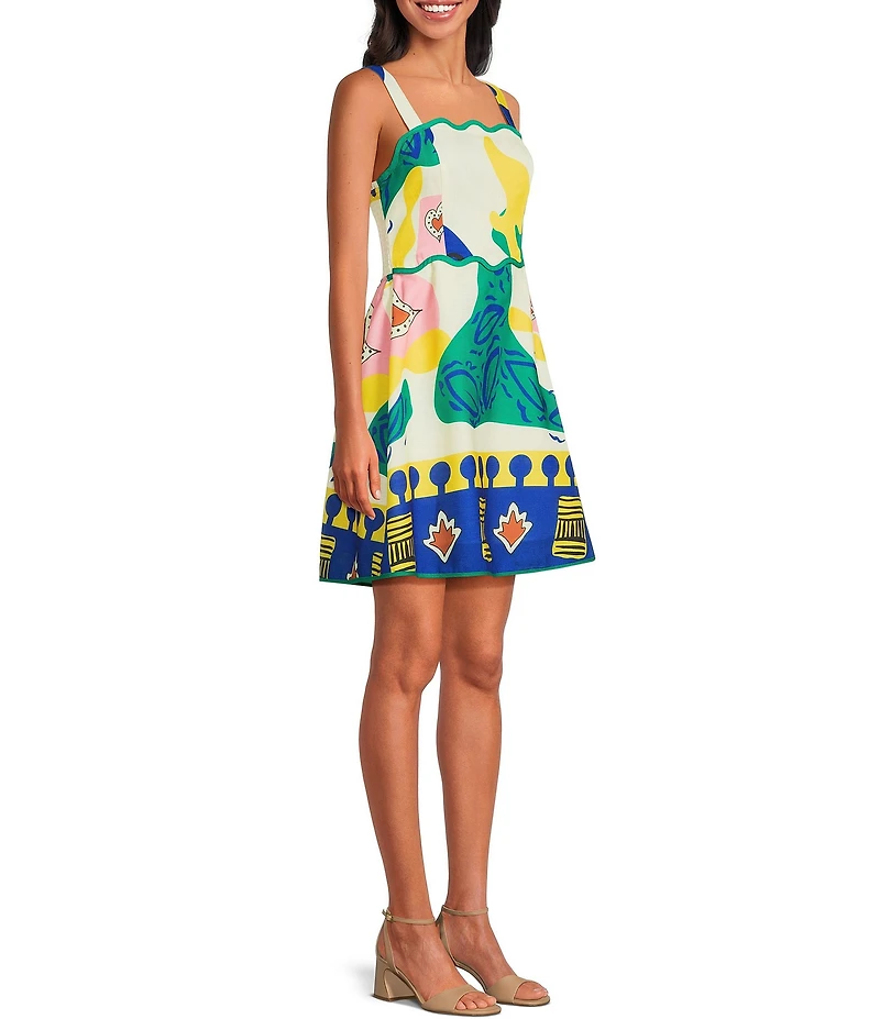 Adelyn Rae Reese Scallop Square Neck Smock Back Printed Mini Dress