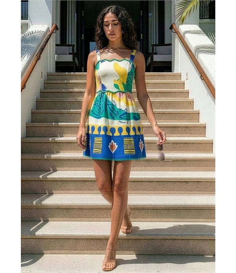 Adelyn Rae Reese Scallop Square Neck Smock Back Printed Mini Dress