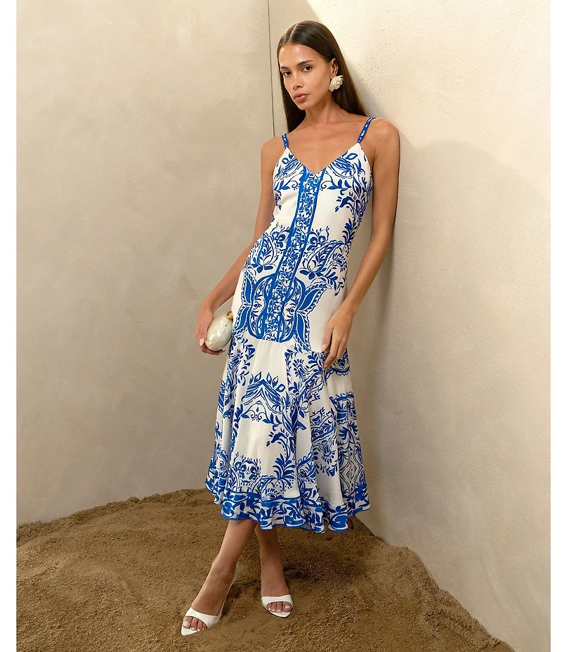 Adelyn Rae Rhegan Satin Floral Print V Neck Sleeveless Slip Midi Dress