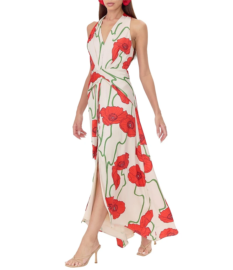 Adelyn Rae Rosalyn Woven Abstract Rose Print V Neck Sleeveless A-Line Maxi Dress