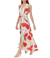 Adelyn Rae Rosalyn Woven Abstract Rose Print V Neck Sleeveless A-Line Maxi Dress
