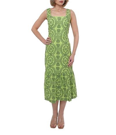 Adelyn Rae Rose Eyelet Embroidered Print Square Neck Sleeveless Fit and Flare Midi Dress