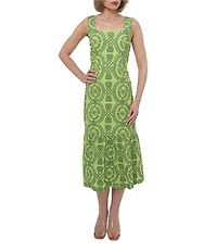 Adelyn Rae Rose Eyelet Embroidered Print Square Neck Sleeveless Fit and Flare Midi Dress