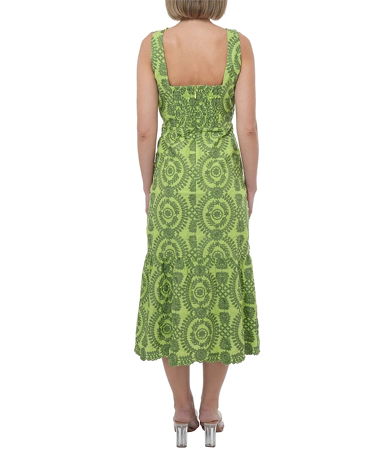 Adelyn Rae Rose Eyelet Embroidered Print Square Neck Sleeveless Fit and Flare Midi Dress