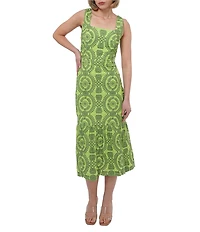 Adelyn Rae Rose Eyelet Embroidered Print Square Neck Sleeveless Fit and Flare Midi Dress