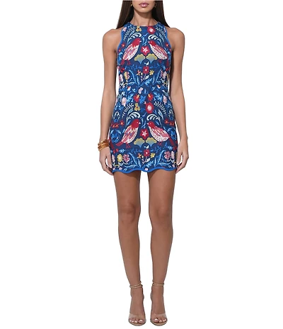 Adelyn Rae Round Neck Sleeveless Embroidered Bird Scallop Hem Mini Dress