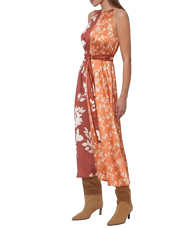 Adelyn Rae Sandi Two Tone Floral Halter Wrap Front Tie Midi Dress