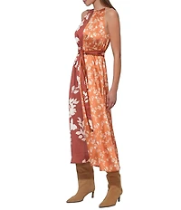 Adelyn Rae Sandi Two Tone Floral Halter Wrap Front Tie Midi Dress
