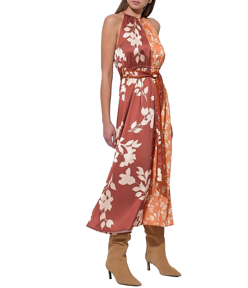 Adelyn Rae Sandi Two Tone Floral Halter Wrap Front Tie Midi Dress
