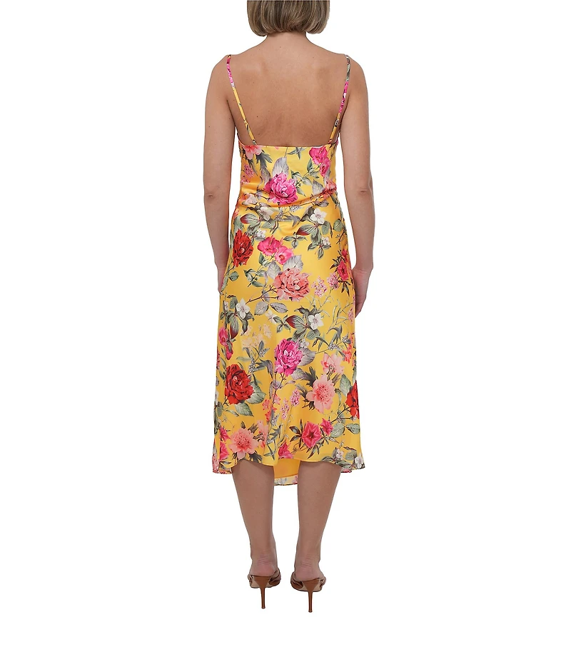 Adelyn Rae Satin Floral Print Cowl Neck Sleeveless Slip Midi Dress