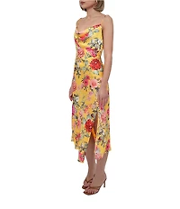 Adelyn Rae Satin Floral Print Cowl Neck Sleeveless Slip Midi Dress