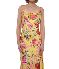 Adelyn Rae Satin Floral Print Cowl Neck Sleeveless Slip Midi Dress
