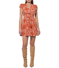 Adelyn Rae Selina Embroidery V-Neck Cap Sleeve Tassel A-Line Mini Dress