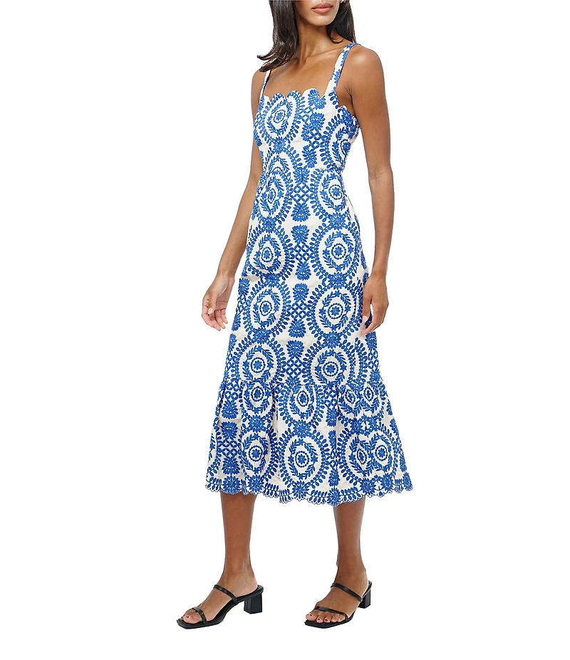 Adelyn Rae Shanna Embroidered Abstract Print Square Neck Sleeveless Fit and Flare Midi Dress
