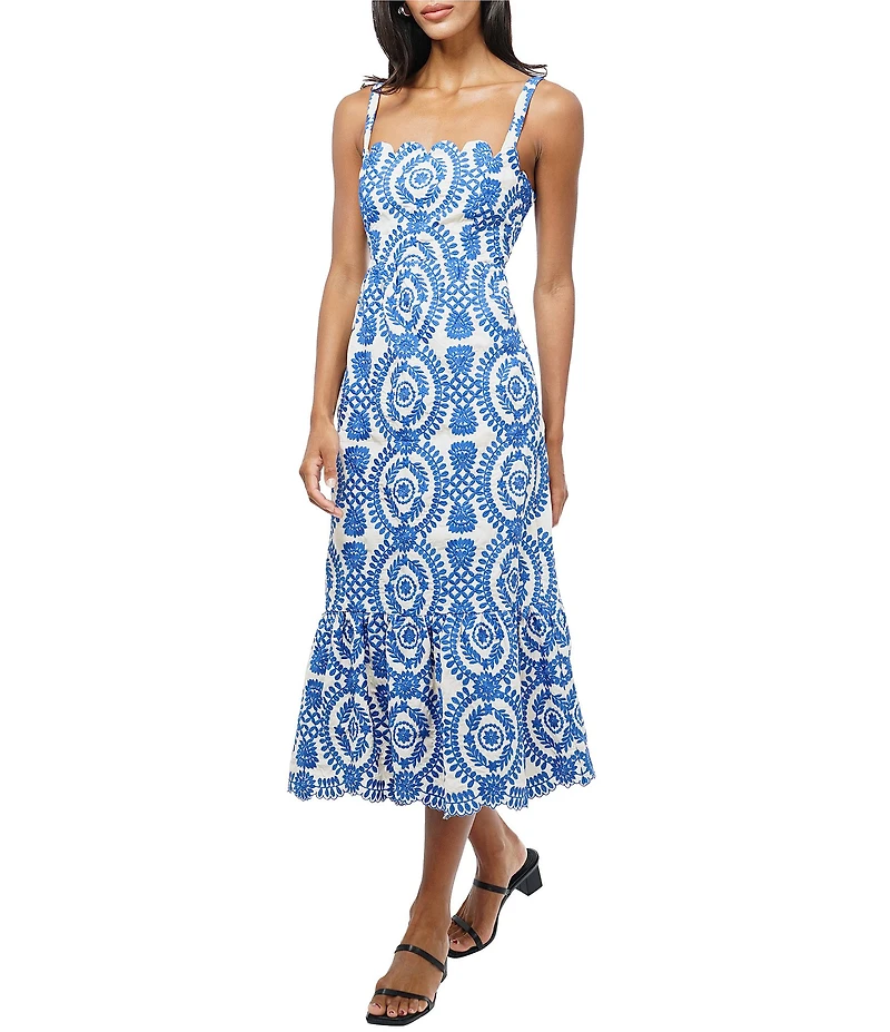 Adelyn Rae Shanna Embroidered Abstract Print Square Neck Sleeveless Fit and Flare Midi Dress