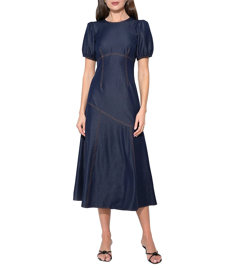 Adelyn Rae Short Puff Sleeve A Line Midi Dress