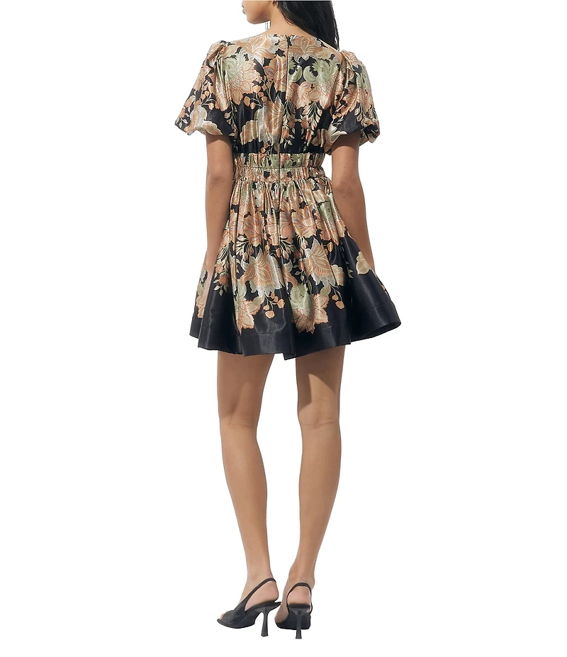 Adelyn Rae Short Puff Sleeve Fit And Flare Sinched Waist Printed Mini Dress