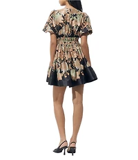 Adelyn Rae Short Puff Sleeve Fit And Flare Sinched Waist Printed Mini Dress