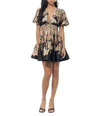 Adelyn Rae Short Puff Sleeve Fit And Flare Sinched Waist Printed Mini Dress