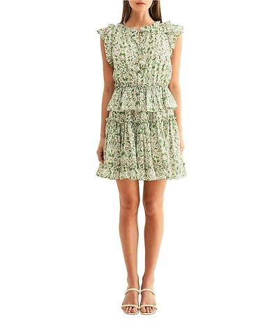 Adelyn Rae Floral Printed Split Tie V-Neck Sleeveless Ruffle Short Dress