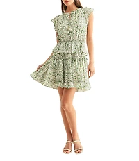 Adelyn Rae Floral Printed Split Tie V-Neck Sleeveless Ruffle Short Dress