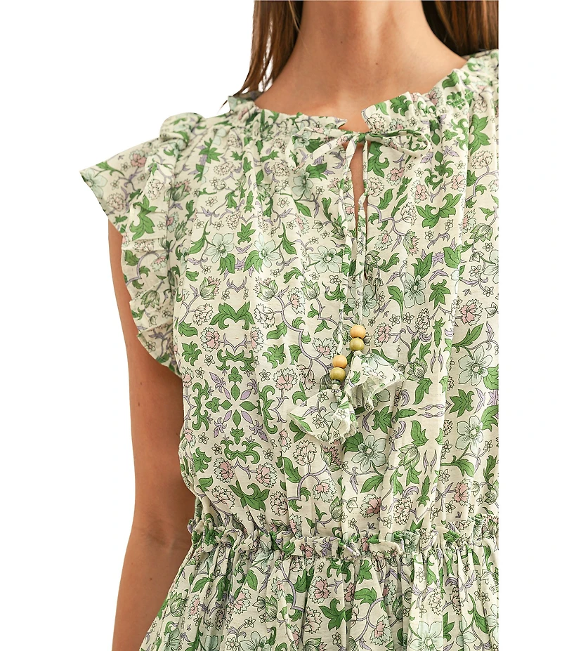 Adelyn Rae Floral Printed Split Tie V-Neck Sleeveless Ruffle Short Dress