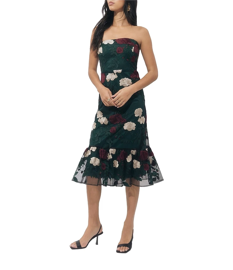 Adelyn Rae Strapless Embroidered Mesh Midi Dress