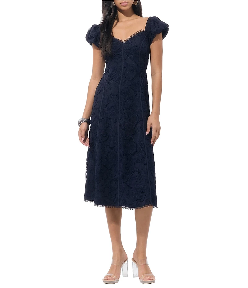 Adelyn Rae Sweetheart Neck Cap Sleeve Embroidered Lace Midi Dress