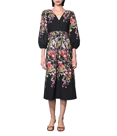 Adelyn Rae Tessa Woven Floral Print V-Neck Long Balloon Sleeves A-Line Midi Dress