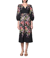 Adelyn Rae Tessa Woven Floral Print V-Neck Long Balloon Sleeves A-Line Midi Dress