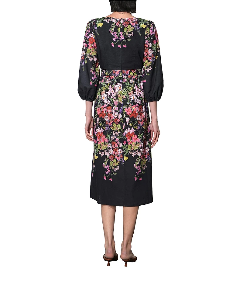 Adelyn Rae Tessa Woven Floral Print V-Neck Long Balloon Sleeves A-Line Midi Dress
