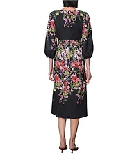 Adelyn Rae Tessa Woven Floral Print V-Neck Long Balloon Sleeves A-Line Midi Dress