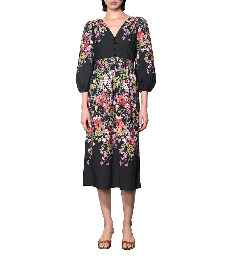 Adelyn Rae Tessa Woven Floral Print V-Neck Long Balloon Sleeves A-Line Midi Dress