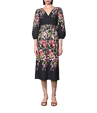 Adelyn Rae Tessa Woven Floral Print V-Neck Long Balloon Sleeves A-Line Midi Dress