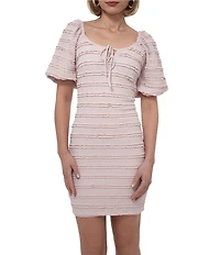 Adelyn Rae Textured Knit Scoop Neck Short Sleeve Front Tie Bodycon Mini Dress